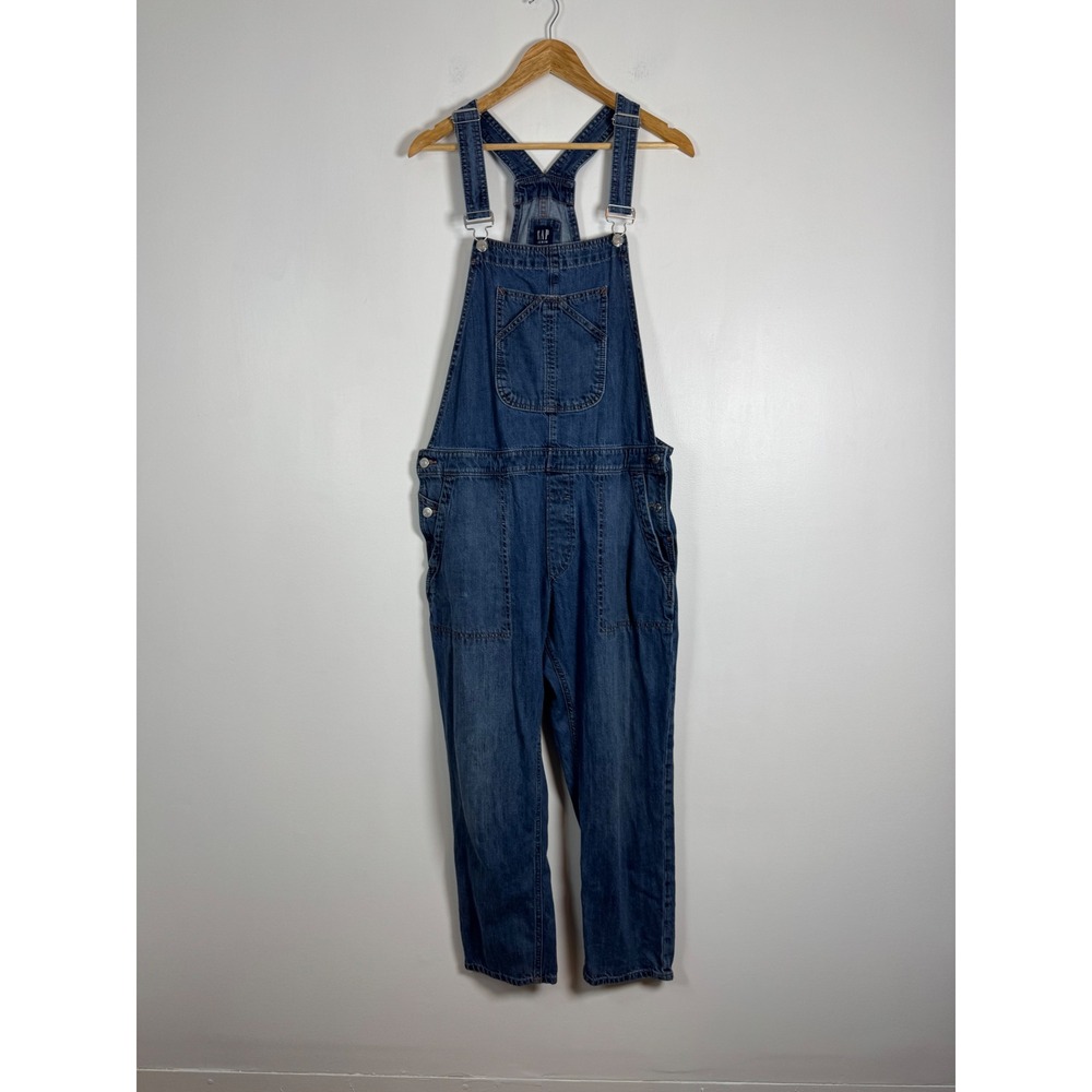 Workwear GAP Women Large Denim Overalls Blue Medium Wash Bib Straight Leg FLAWED